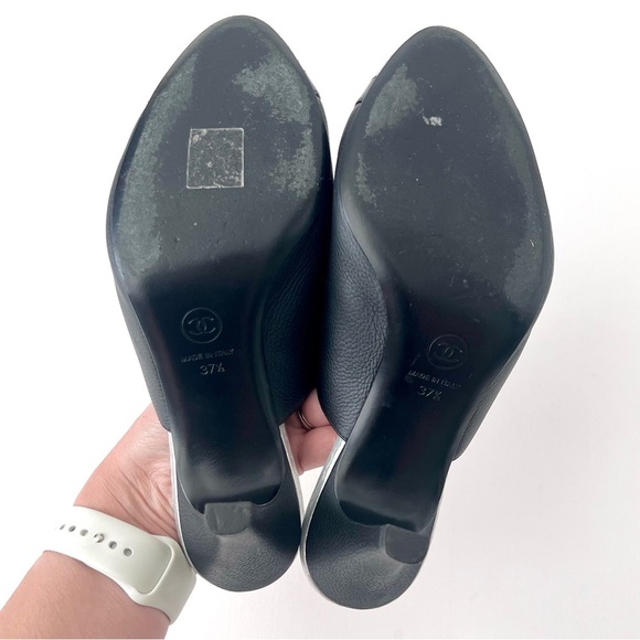 CHANEL | Black Leather Pointed High Heel Mules CC Logo Silver Scales EU 37.5 - Picture 12 of 14